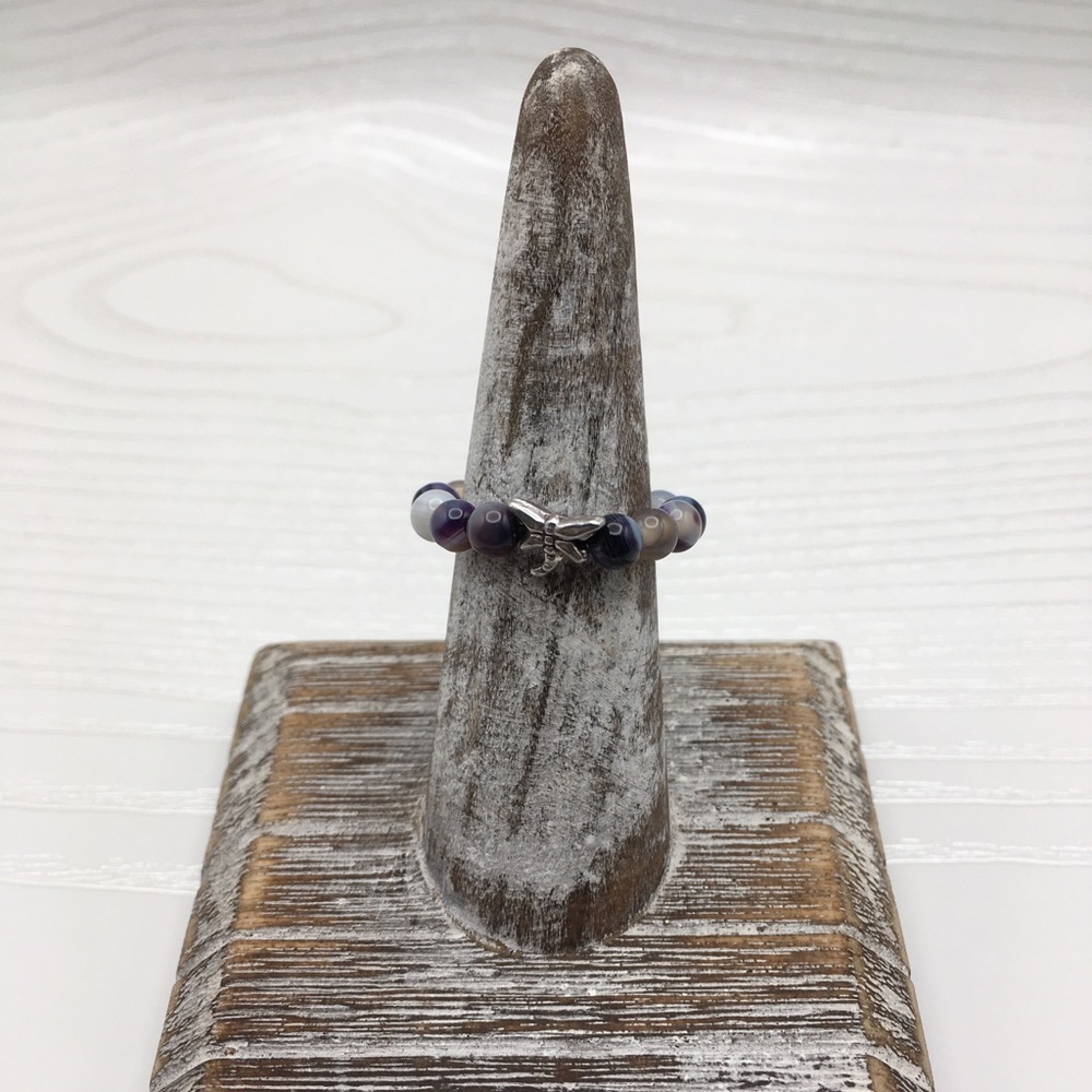 HANDCRAFTED Purple Banded Agate w/dragonfly Stretch Bead Ring